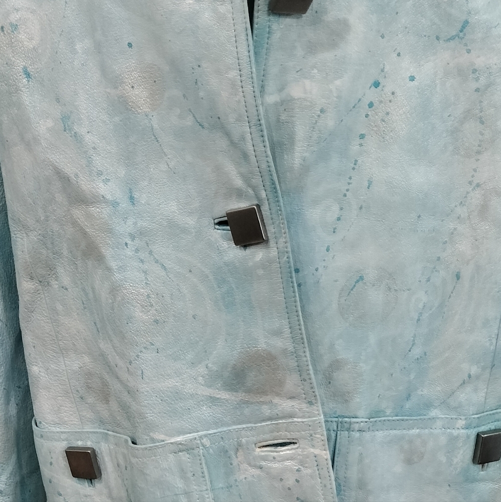 Vintage 80s BRAEFAIR Leather trench coat, Artsy Icy Blue wearable art, S 8 - Picture 9 of 14